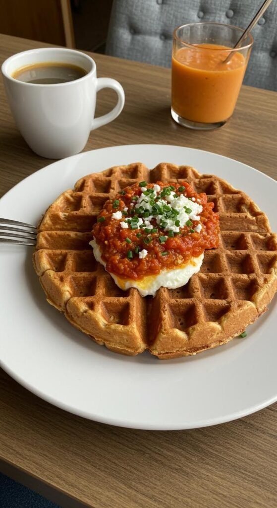 Plate of Zesty Egg Waffles with a Twist: Romesco & Goat Cheese Brunch Recipe