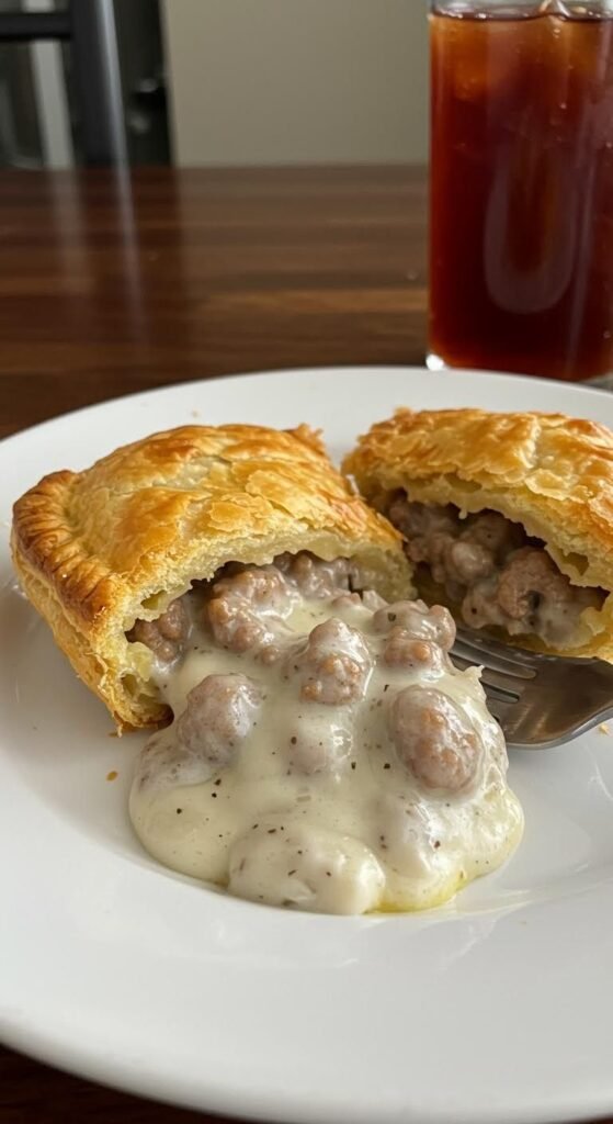 Plate of Flaky Crust, Savory Sausage Gravy Puff Pie Perfection!