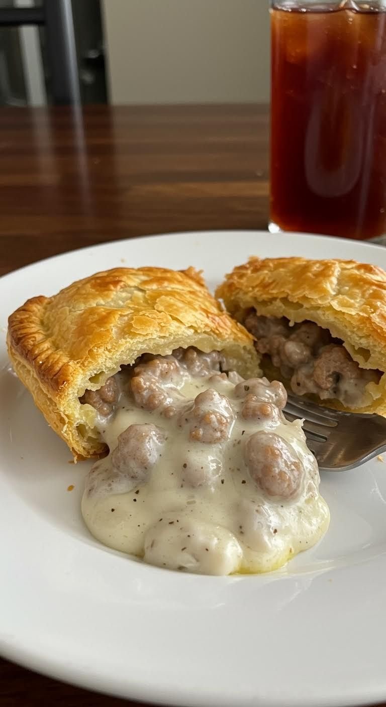 Plate of Flaky Crust, Savory Sausage Gravy Puff Pie Perfection!