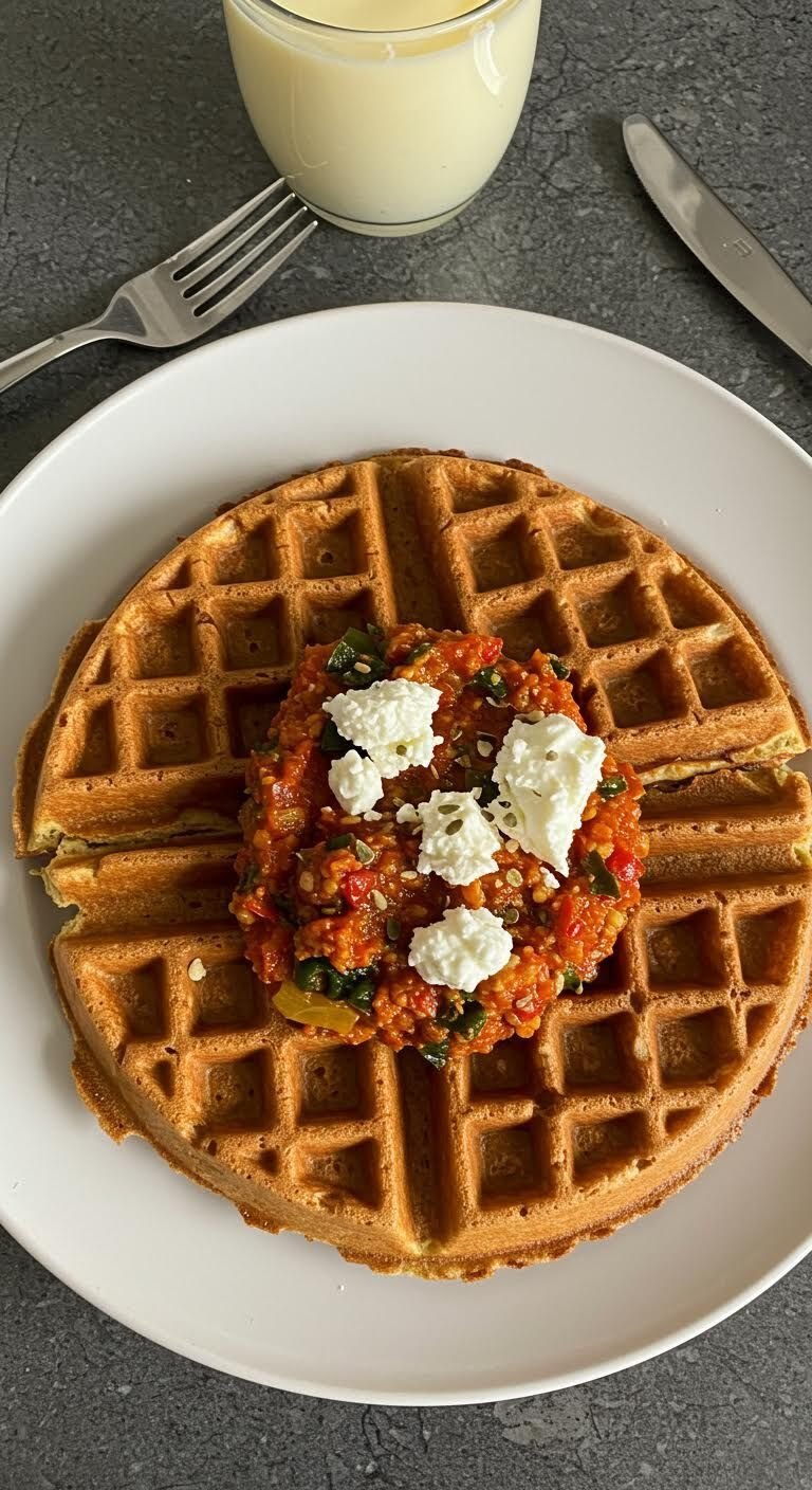 Preparation of Zesty Egg Waffles with a Twist: Romesco & Goat Cheese Brunch Recipe