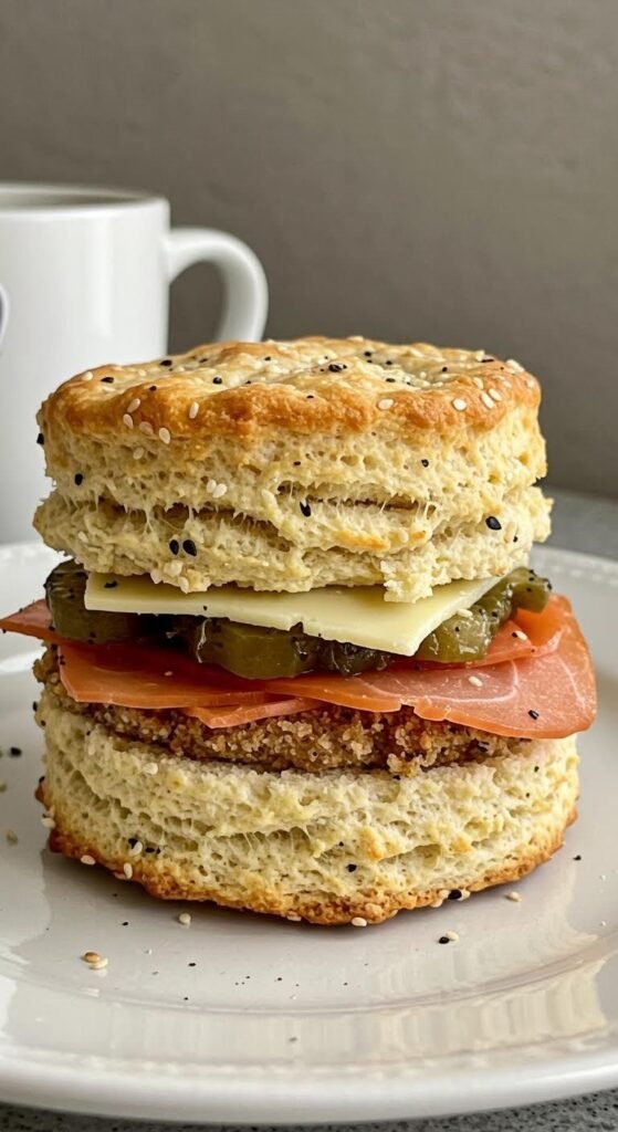 Plate of Elevate Your Brunch with Crunchy Everything Bagel Biscuit Sandwiches!