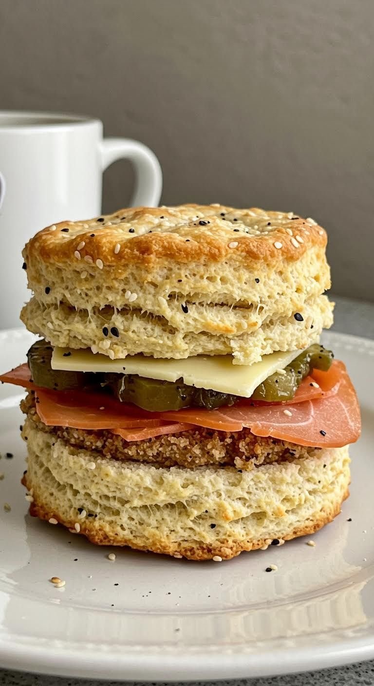 Plate of Elevate Your Brunch with Crunchy Everything Bagel Biscuit Sandwiches!